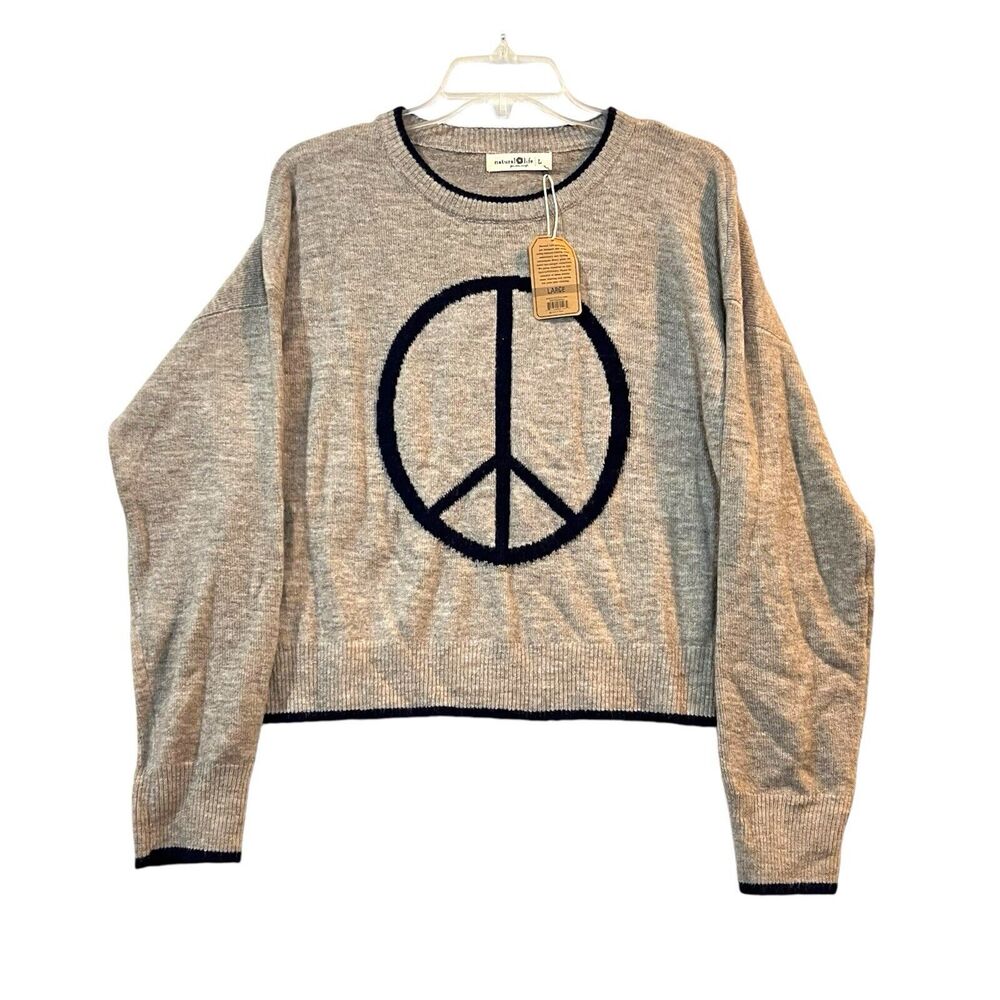 NEW Natural Life Peace Sweater Large Beige Tan Navy Pullover